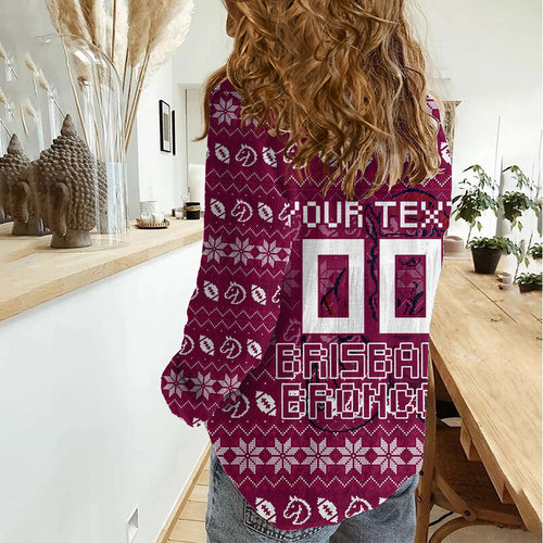 Personalized Brisbane Broncos Christmas Women Casual Shirt Australian Rugby Fans - Pixelated Ugly Xmas Pattern Mascot Santa