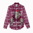 Personalized Brisbane Broncos Christmas Women Casual Shirt Australian Rugby Fans - Pixelated Ugly Xmas Pattern Mascot Santa