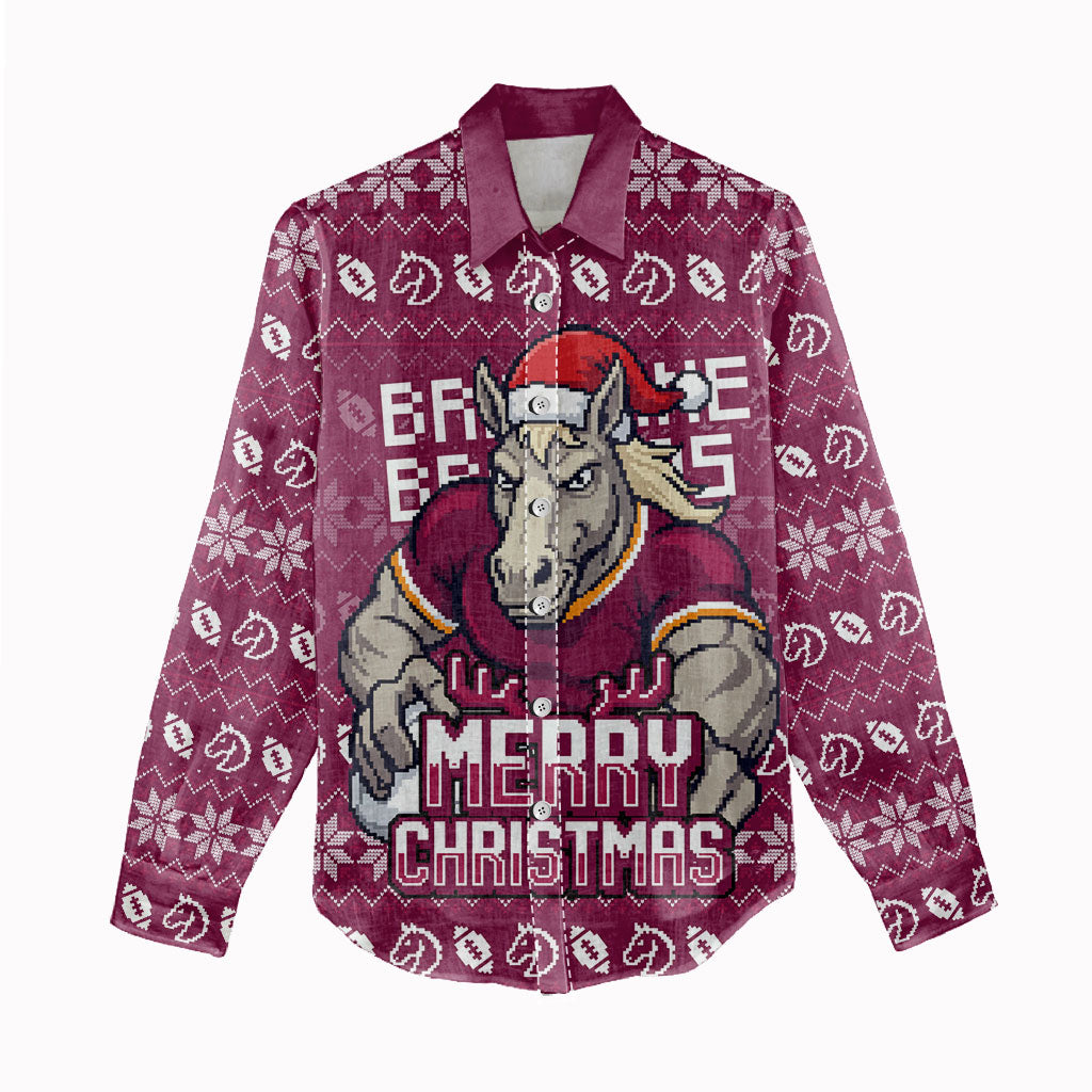 Personalized Brisbane Broncos Christmas Women Casual Shirt Australian Rugby Fans - Pixelated Ugly Xmas Pattern Mascot Santa