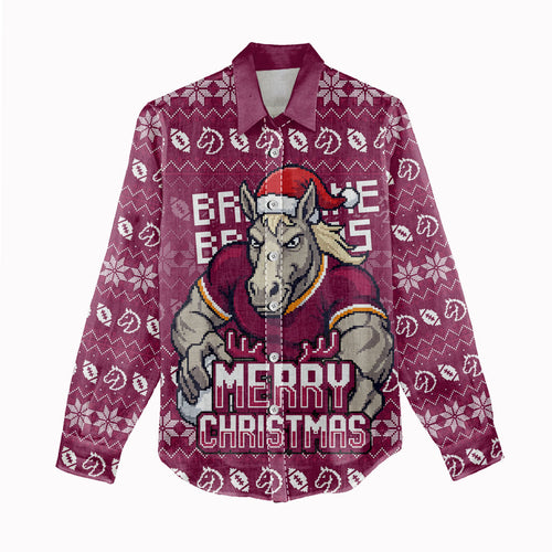 Personalized Brisbane Broncos Christmas Women Casual Shirt Australian Rugby Fans - Pixelated Ugly Xmas Pattern Mascot Santa