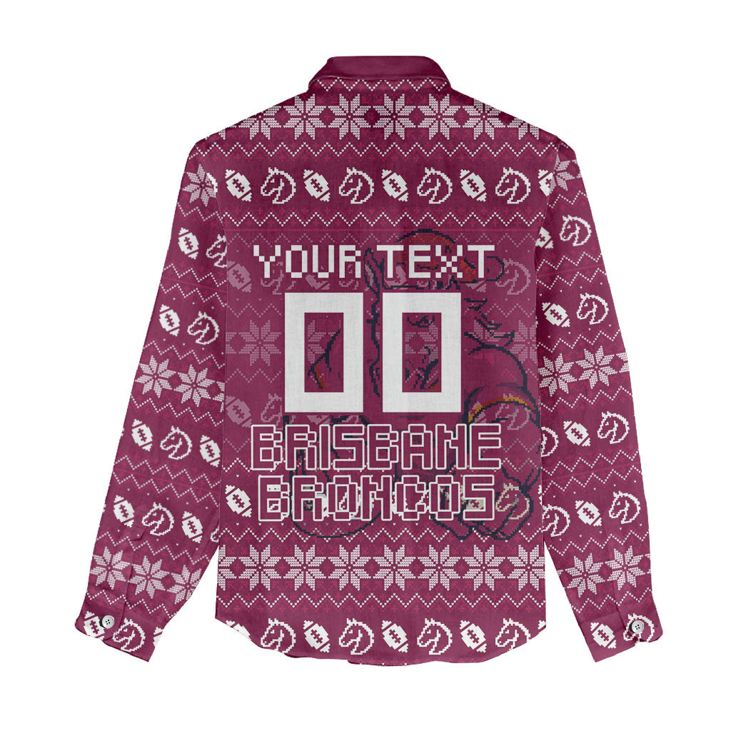 Personalized Brisbane Broncos Christmas Women Casual Shirt Australian Rugby Fans - Pixelated Ugly Xmas Pattern Mascot Santa