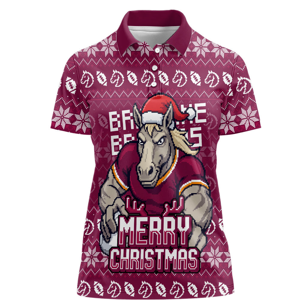 Personalized Brisbane Broncos Christmas Women Polo Shirt Australian Rugby Fans - Pixelated Ugly Xmas Pattern Mascot Santa