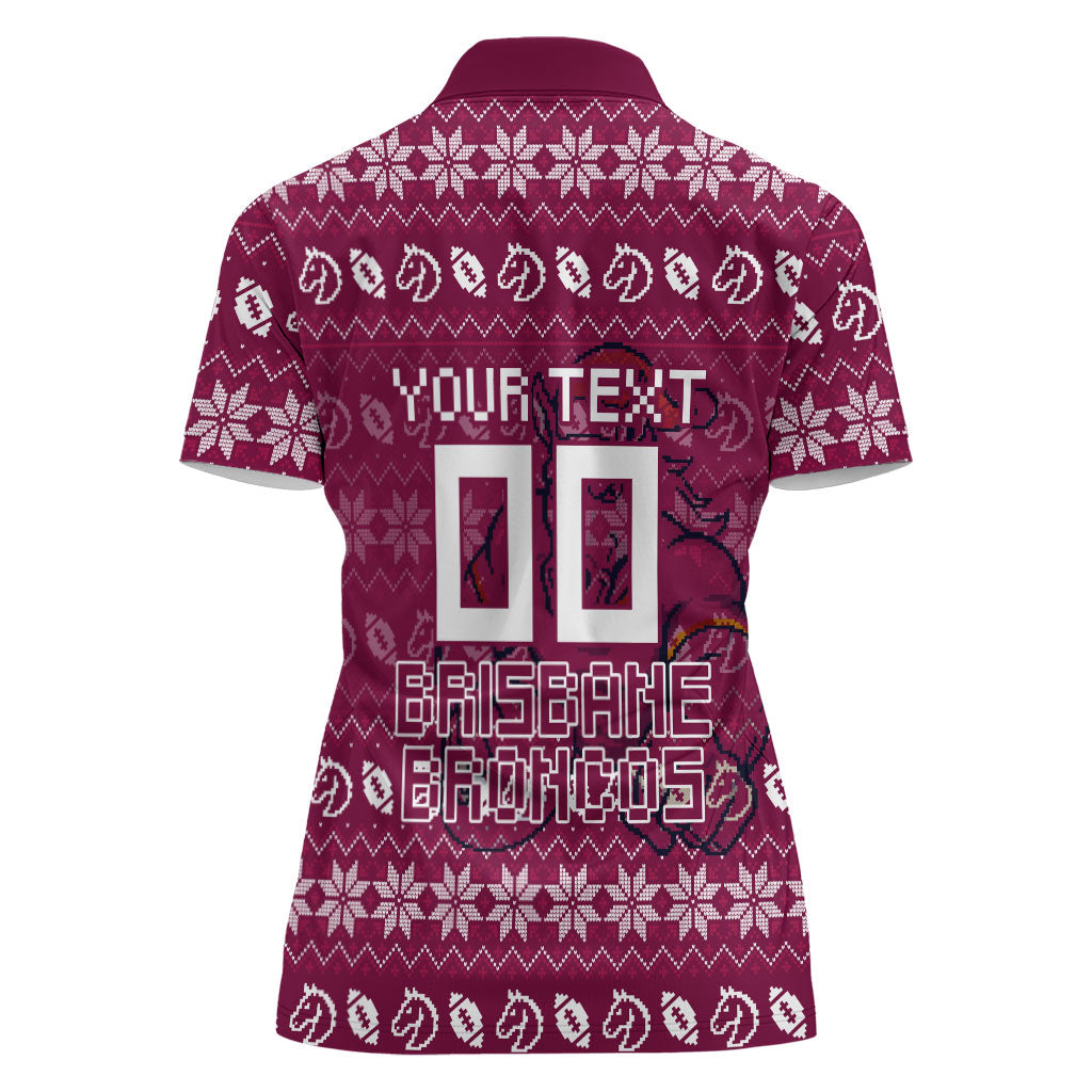 Personalized Brisbane Broncos Christmas Women Polo Shirt Australian Rugby Fans - Pixelated Ugly Xmas Pattern Mascot Santa