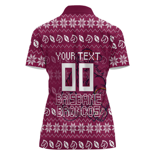 Personalized Brisbane Broncos Christmas Women Polo Shirt Australian Rugby Fans - Pixelated Ugly Xmas Pattern Mascot Santa