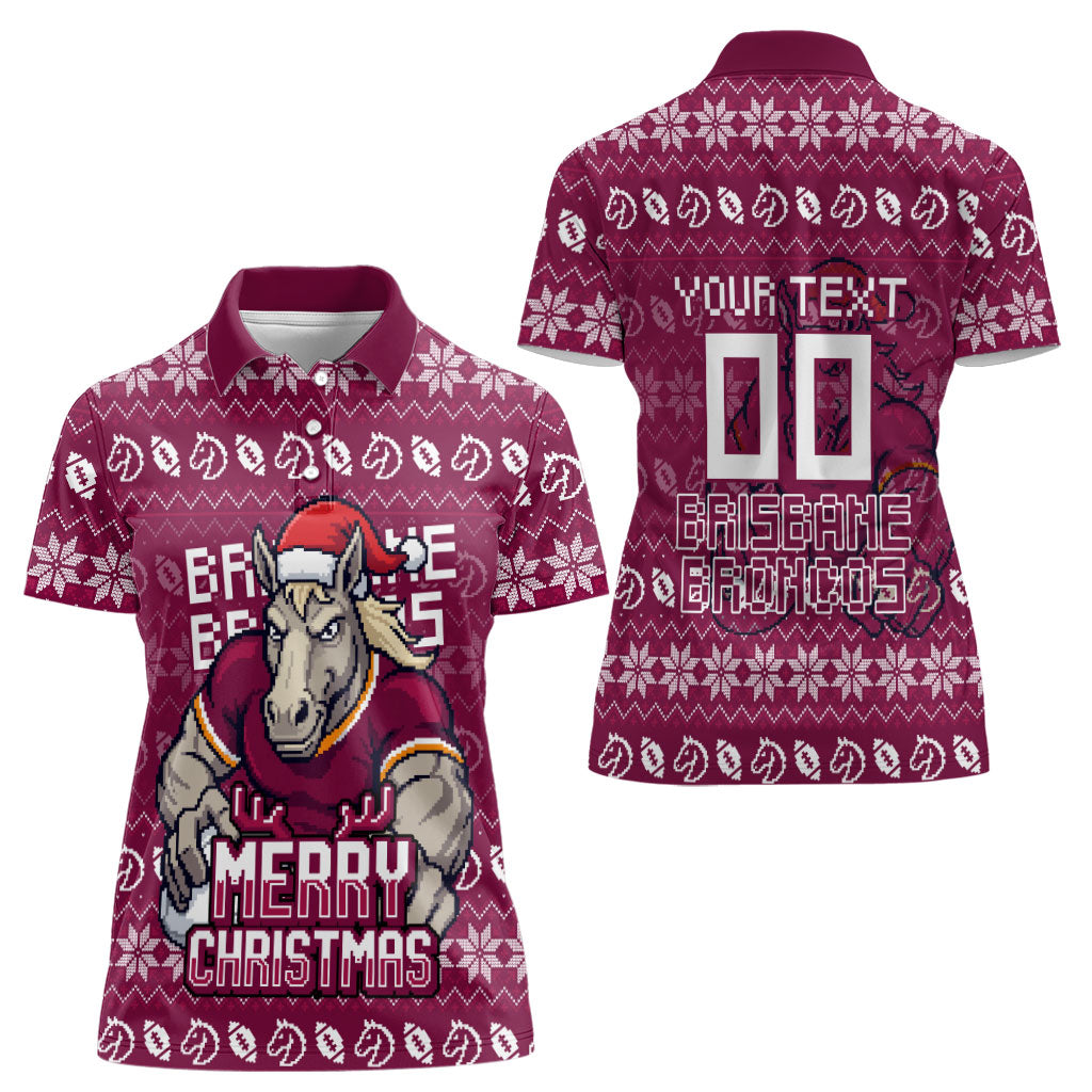 Personalized Brisbane Broncos Christmas Women Polo Shirt Australian Rugby Fans - Pixelated Ugly Xmas Pattern Mascot Santa