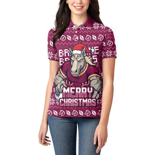 Personalized Brisbane Broncos Christmas Women Polo Shirt Australian Rugby Fans - Pixelated Ugly Xmas Pattern Mascot Santa