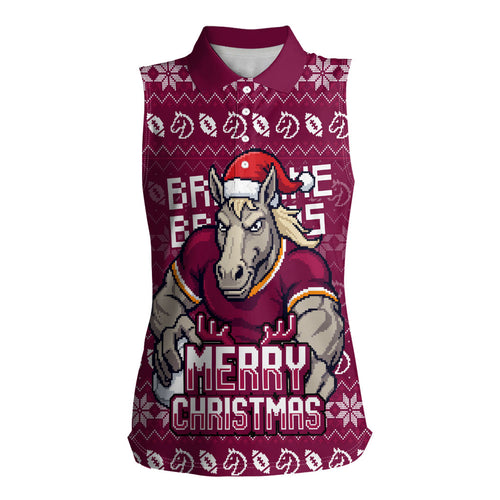Personalized Brisbane Broncos Christmas Women Sleeveless Polo Shirt Australian Rugby Fans - Pixelated Ugly Xmas Pattern Mascot Santa