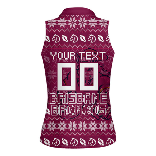 Personalized Brisbane Broncos Christmas Women Sleeveless Polo Shirt Australian Rugby Fans - Pixelated Ugly Xmas Pattern Mascot Santa