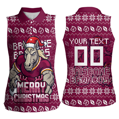 Personalized Brisbane Broncos Christmas Women Sleeveless Polo Shirt Australian Rugby Fans - Pixelated Ugly Xmas Pattern Mascot Santa