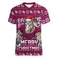 Personalized Brisbane Broncos Christmas Women V-Neck T-Shirt Australian Rugby Fans - Pixelated Ugly Xmas Pattern Mascot Santa