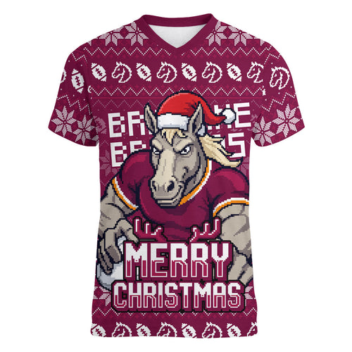 Personalized Brisbane Broncos Christmas Women V-Neck T-Shirt Australian Rugby Fans - Pixelated Ugly Xmas Pattern Mascot Santa