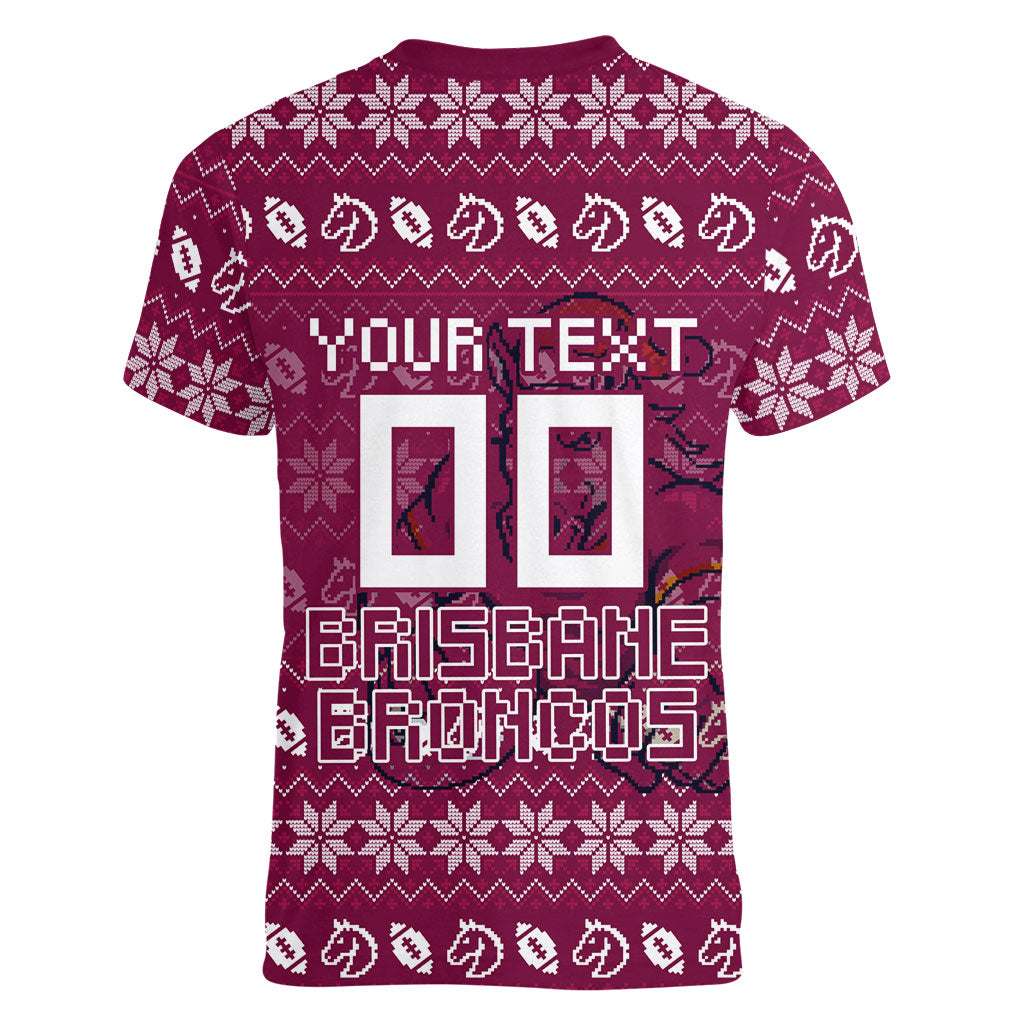 Personalized Brisbane Broncos Christmas Women V-Neck T-Shirt Australian Rugby Fans - Pixelated Ugly Xmas Pattern Mascot Santa