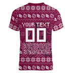 Personalized Brisbane Broncos Christmas Women V-Neck T-Shirt Australian Rugby Fans - Pixelated Ugly Xmas Pattern Mascot Santa