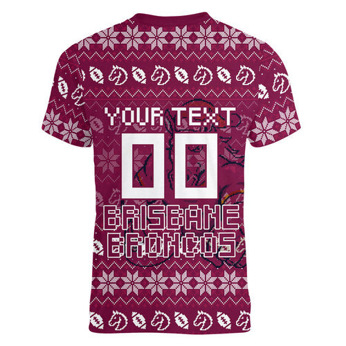 Personalized Brisbane Broncos Christmas Women V-Neck T-Shirt Australian Rugby Fans - Pixelated Ugly Xmas Pattern Mascot Santa