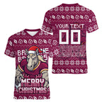 Personalized Brisbane Broncos Christmas Women V-Neck T-Shirt Australian Rugby Fans - Pixelated Ugly Xmas Pattern Mascot Santa