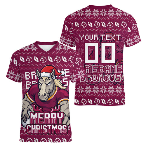 Personalized Brisbane Broncos Christmas Women V-Neck T-Shirt Australian Rugby Fans - Pixelated Ugly Xmas Pattern Mascot Santa
