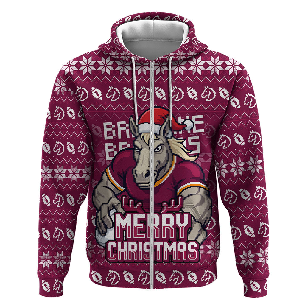 Personalized Brisbane Broncos Christmas Zip Hoodie Australian Rugby Fans - Pixelated Ugly Xmas Pattern Mascot Santa