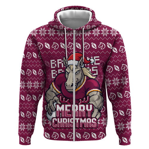 Personalized Brisbane Broncos Christmas Zip Hoodie Australian Rugby Fans - Pixelated Ugly Xmas Pattern Mascot Santa