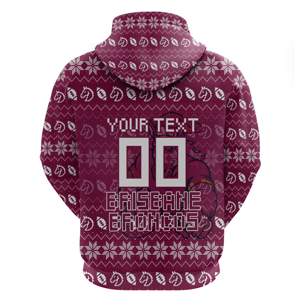 Personalized Brisbane Broncos Christmas Zip Hoodie Australian Rugby Fans - Pixelated Ugly Xmas Pattern Mascot Santa