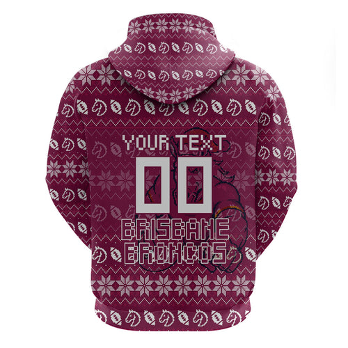 Personalized Brisbane Broncos Christmas Zip Hoodie Australian Rugby Fans - Pixelated Ugly Xmas Pattern Mascot Santa