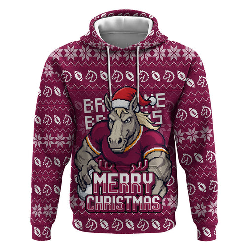 Personalized Brisbane Broncos Christmas Zip Hoodie Australian Rugby Fans - Pixelated Ugly Xmas Pattern Mascot Santa