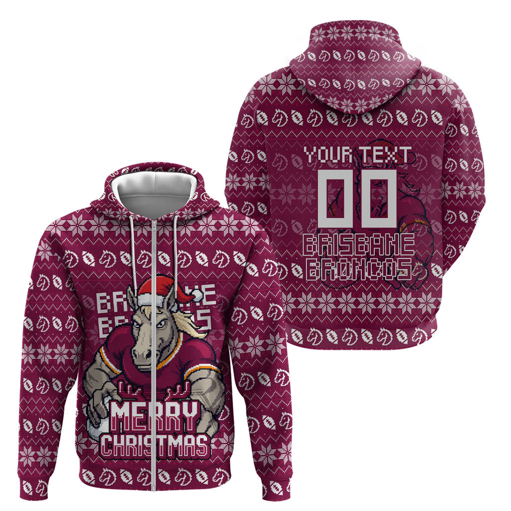 Personalized Brisbane Broncos Christmas Zip Hoodie Australian Rugby Fans - Pixelated Ugly Xmas Pattern Mascot Santa
