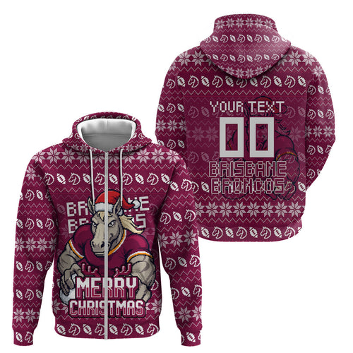 Personalized Brisbane Broncos Christmas Zip Hoodie Australian Rugby Fans - Pixelated Ugly Xmas Pattern Mascot Santa