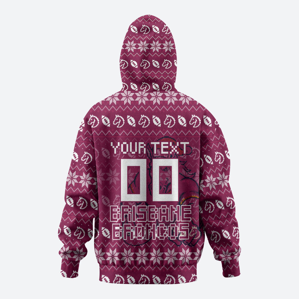 Personalized Brisbane Broncos Christmas Zip Hoodie Australian Rugby Fans - Pixelated Ugly Xmas Pattern Mascot Santa