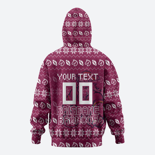 Personalized Brisbane Broncos Christmas Zip Hoodie Australian Rugby Fans - Pixelated Ugly Xmas Pattern Mascot Santa