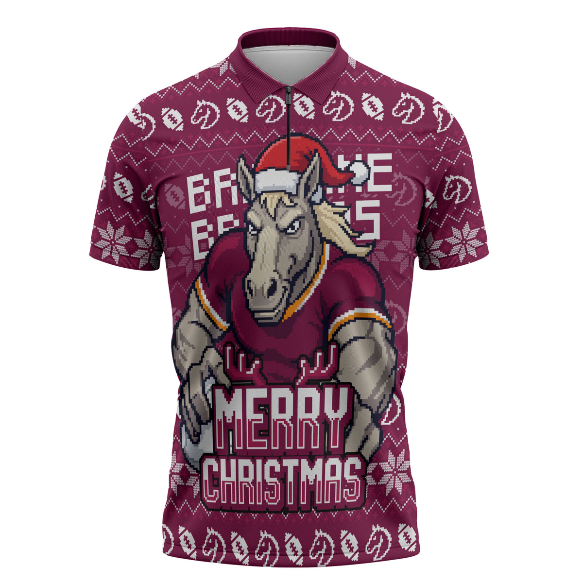 Personalized Brisbane Broncos Christmas Zipper Polo Shirt Australian Rugby Fans - Pixelated Ugly Xmas Pattern Mascot Santa