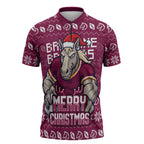 Personalized Brisbane Broncos Christmas Zipper Polo Shirt Australian Rugby Fans - Pixelated Ugly Xmas Pattern Mascot Santa
