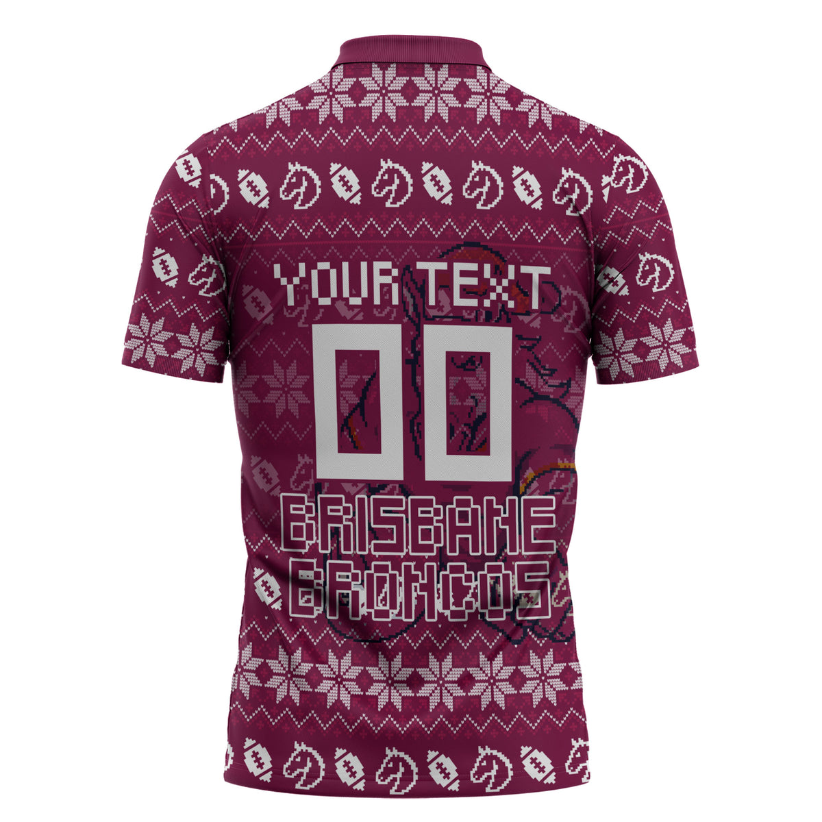 Personalized Brisbane Broncos Christmas Zipper Polo Shirt Australian Rugby Fans - Pixelated Ugly Xmas Pattern Mascot Santa