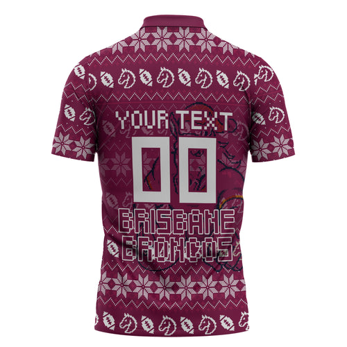 Personalized Brisbane Broncos Christmas Zipper Polo Shirt Australian Rugby Fans - Pixelated Ugly Xmas Pattern Mascot Santa
