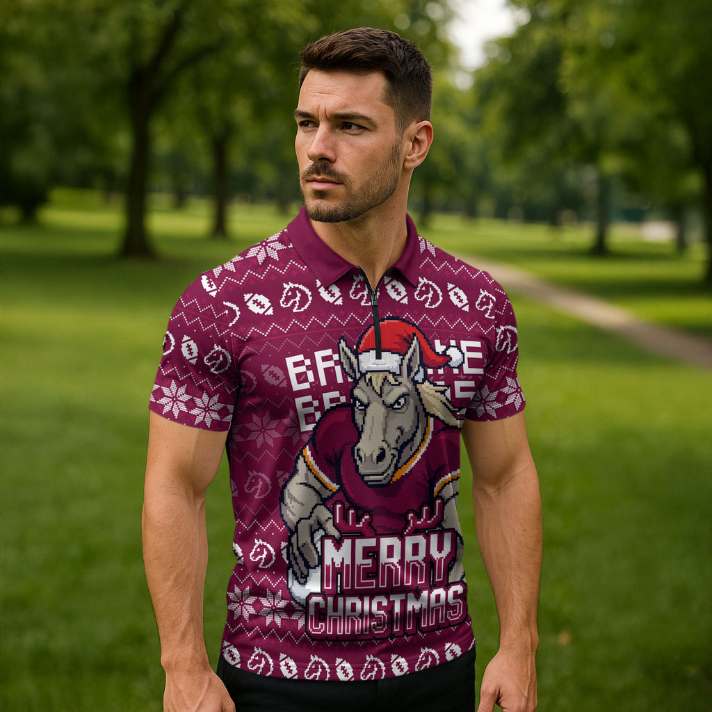 Personalized Brisbane Broncos Christmas Zipper Polo Shirt Australian Rugby Fans - Pixelated Ugly Xmas Pattern Mascot Santa