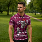Personalized Brisbane Broncos Christmas Zipper Polo Shirt Australian Rugby Fans - Pixelated Ugly Xmas Pattern Mascot Santa