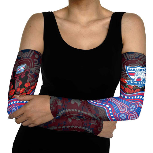 Western Bulldogs ANZAC Day Arm Sleeves Indigenous Dot Art with Poppy Flower Tribute