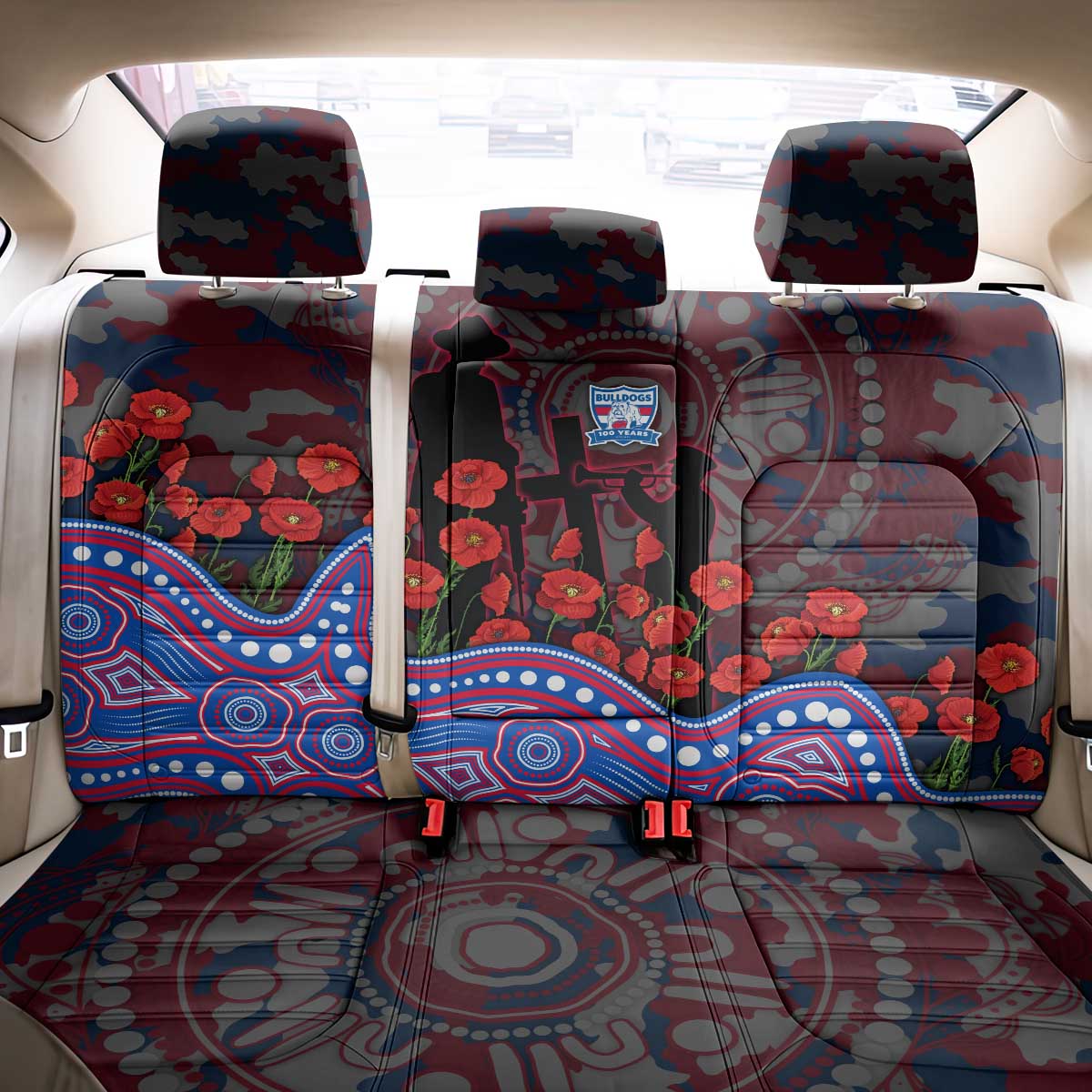 Western Bulldogs ANZAC Day Back Car Seat Cover Indigenous Dot Art with Poppy Flower Tribute