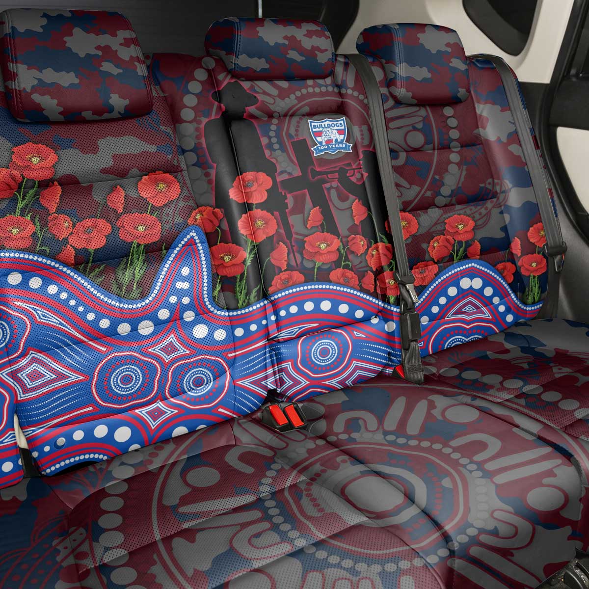 Western Bulldogs ANZAC Day Back Car Seat Cover Indigenous Dot Art with Poppy Flower Tribute