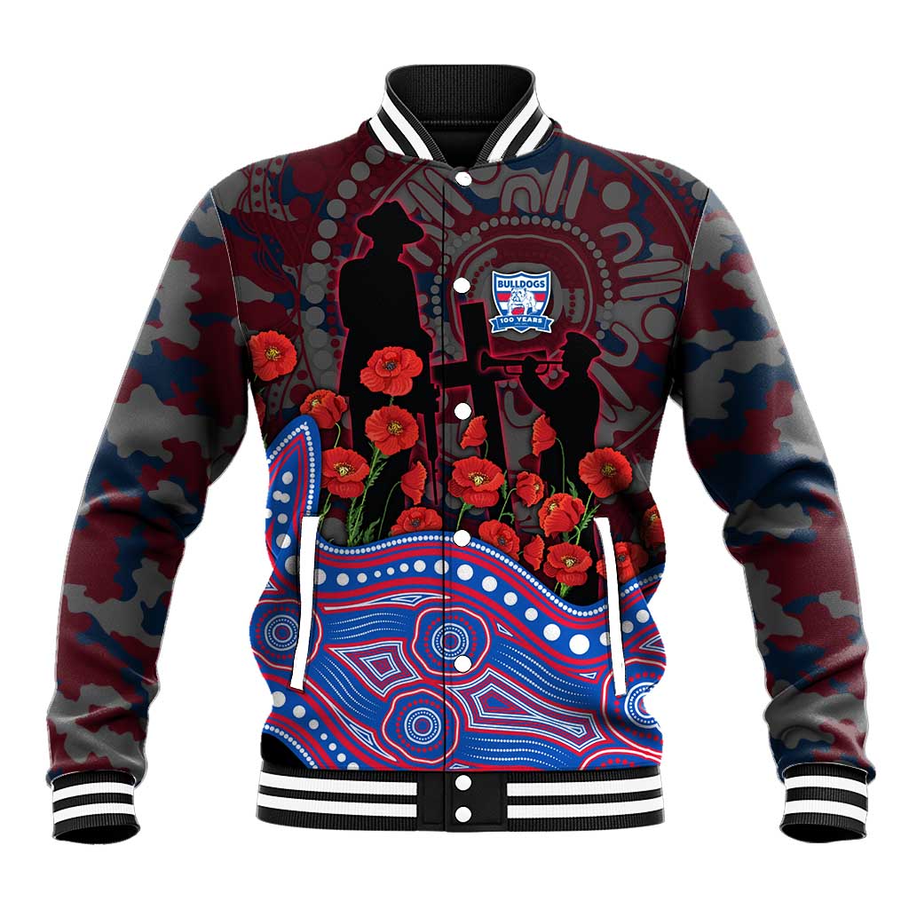 Western Bulldogs ANZAC Day Baseball Jacket Indigenous Dot Art with Poppy Flower Tribute