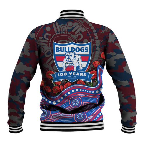 Western Bulldogs ANZAC Day Baseball Jacket Indigenous Dot Art with Poppy Flower Tribute