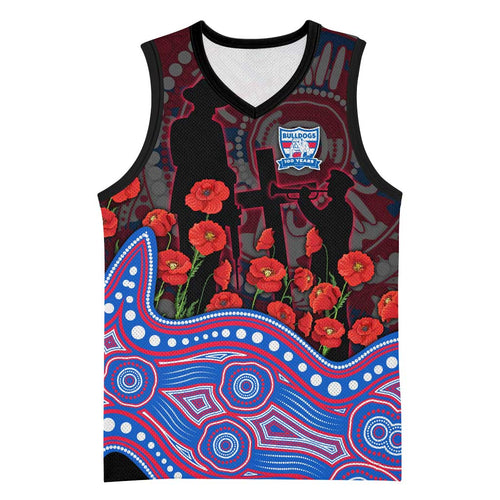 Western Bulldogs ANZAC Day Basketball Jersey Indigenous Dot Art with Poppy Flower Tribute