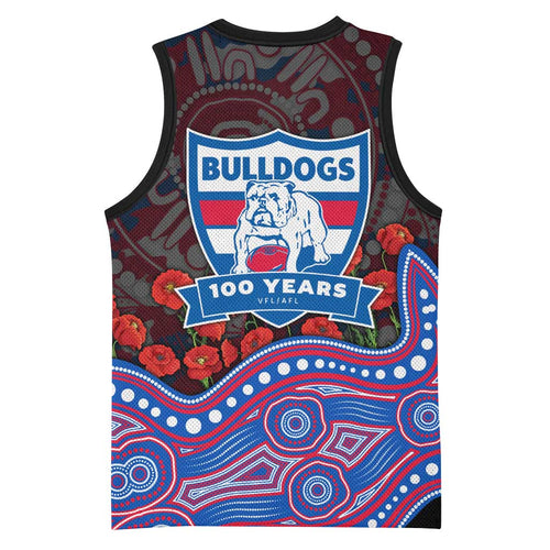 Western Bulldogs ANZAC Day Basketball Jersey Indigenous Dot Art with Poppy Flower Tribute