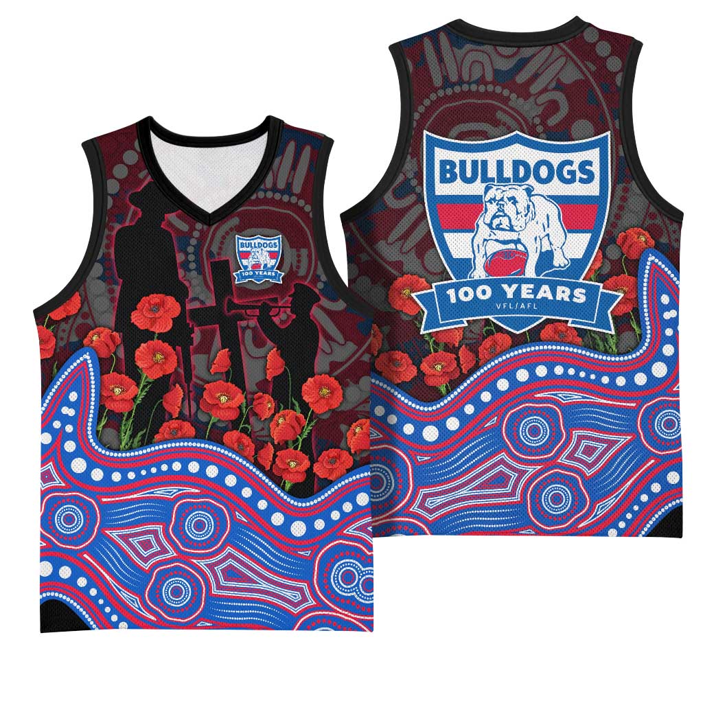 Western Bulldogs ANZAC Day Basketball Jersey Indigenous Dot Art with Poppy Flower Tribute