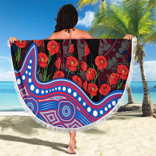 Western Bulldogs ANZAC Day Beach Blanket Indigenous Dot Art with Poppy Flower Tribute