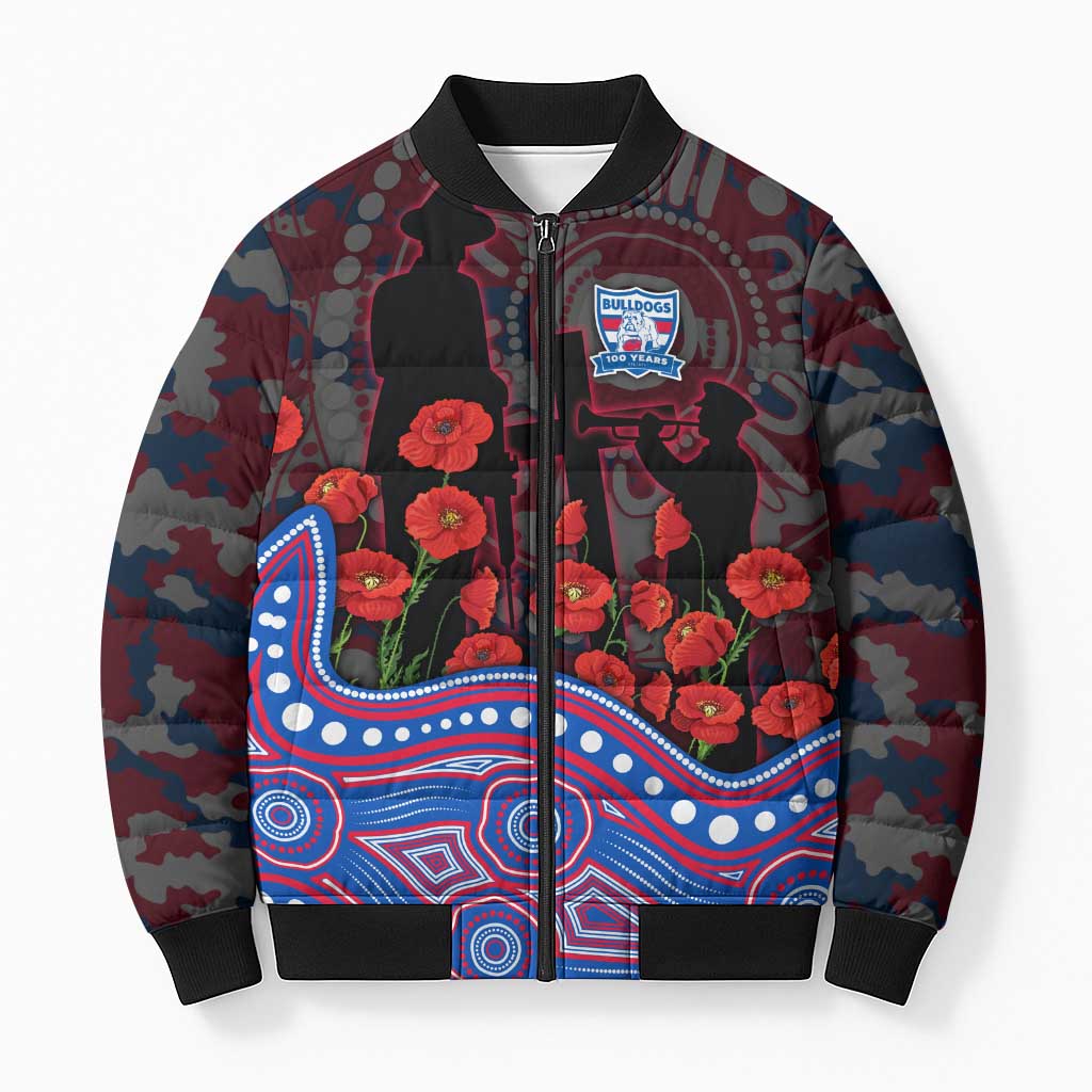 Western Bulldogs ANZAC Day Bomber Puffer Jacket Indigenous Dot Art with Poppy Flower Tribute