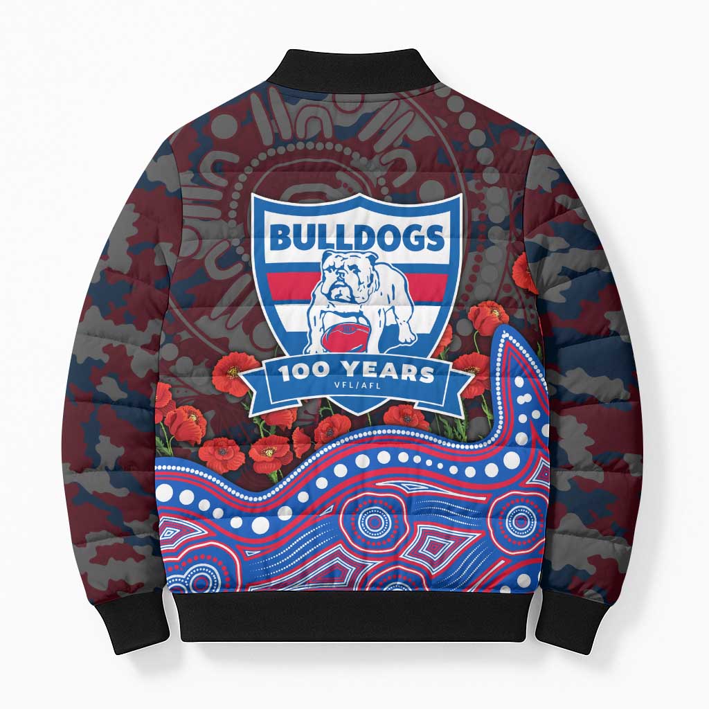 Western Bulldogs ANZAC Day Bomber Puffer Jacket Indigenous Dot Art with Poppy Flower Tribute