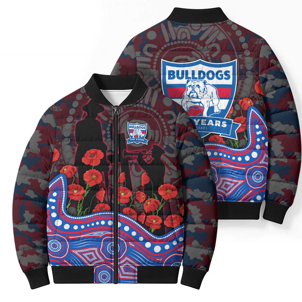 Western Bulldogs ANZAC Day Bomber Puffer Jacket Indigenous Dot Art with Poppy Flower Tribute