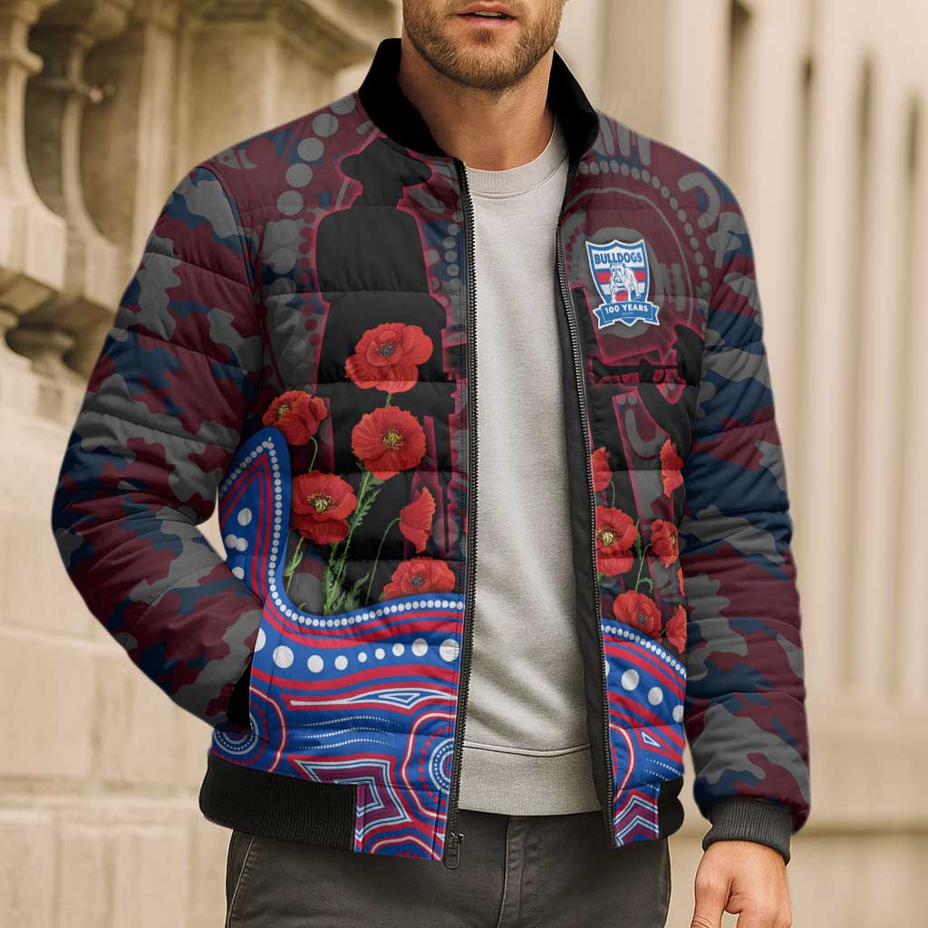 Western Bulldogs ANZAC Day Bomber Puffer Jacket Indigenous Dot Art with Poppy Flower Tribute