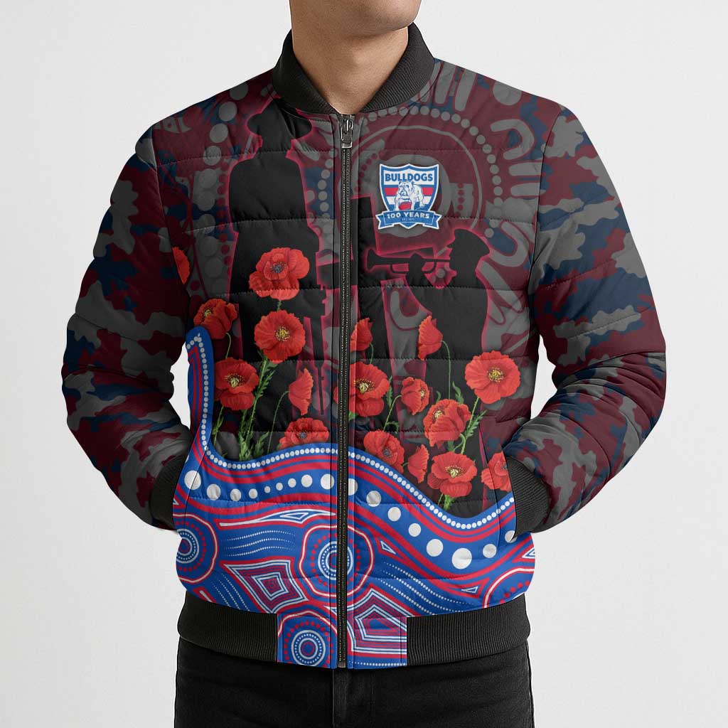 Western Bulldogs ANZAC Day Bomber Puffer Jacket Indigenous Dot Art with Poppy Flower Tribute