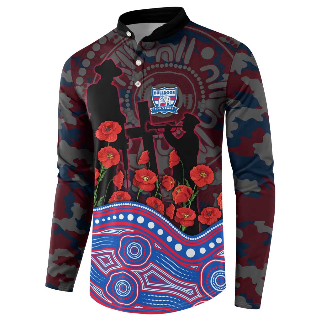 Western Bulldogs ANZAC Day Button Sweatshirt Indigenous Dot Art with Poppy Flower Tribute